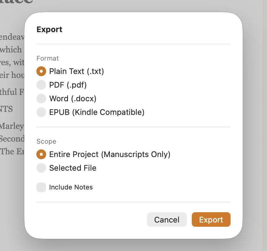 Core export settings showing PDF, Word, EPUB, and plain text output options.