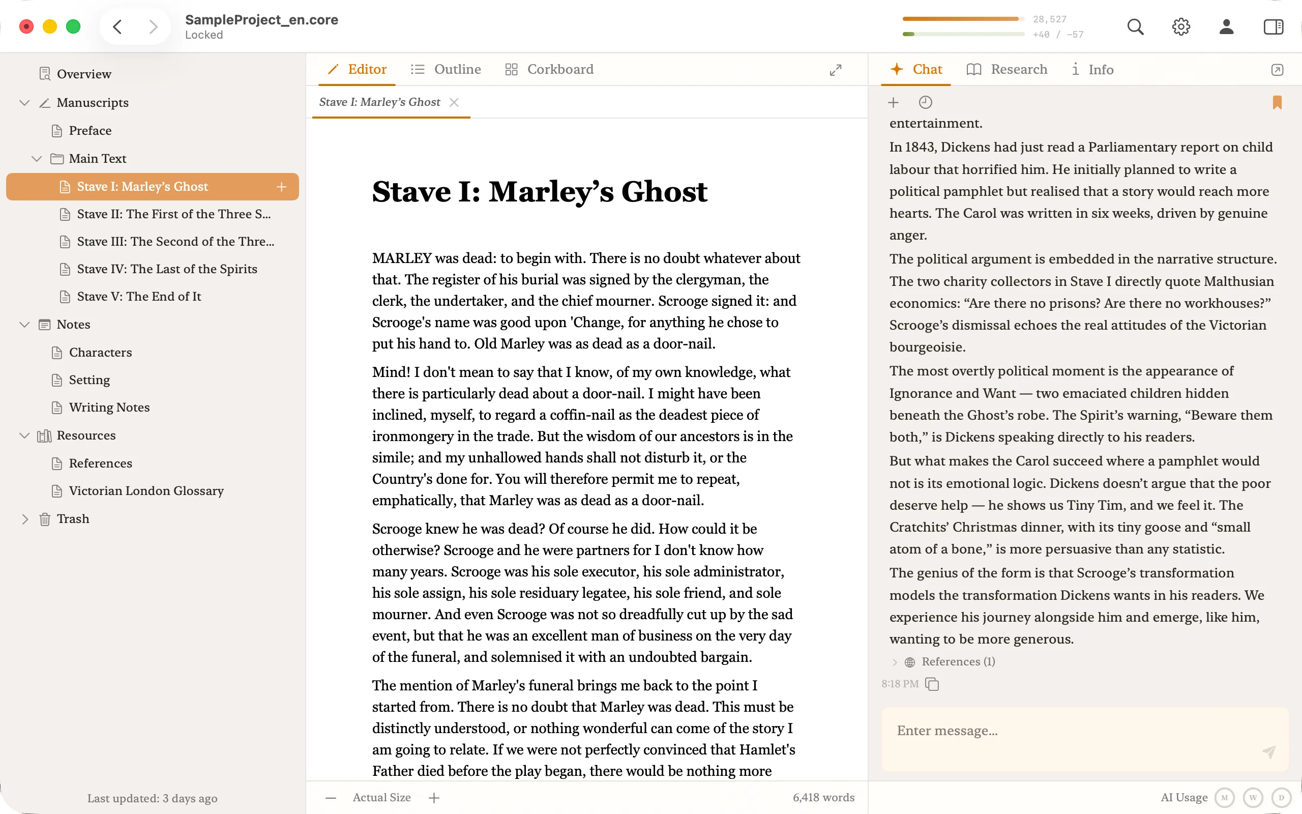 Core's three workspace modes — Editor, Outliner, and Corkboard.