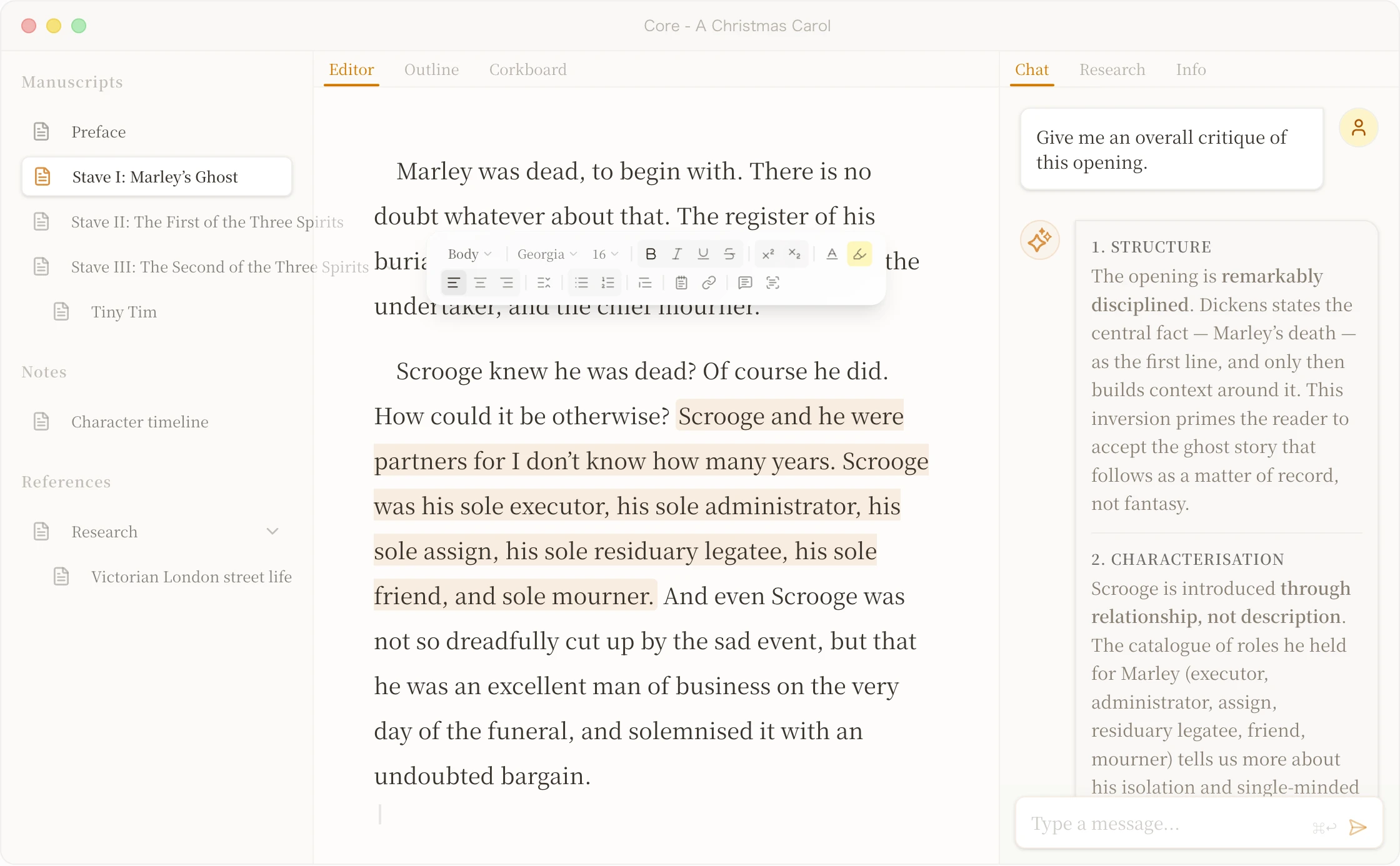 Core editor interface showing a file tree on the left (Preface, Stave I, Stave II), a text editor in the center, and an AI chat panel on the right providing detailed critique on structure, characterization, and writing style.